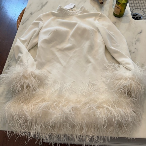 UNTAMED PETALS BY AMANDA JUDGE Ivory Feather Trim Mini Dress - Picture 2 of 6